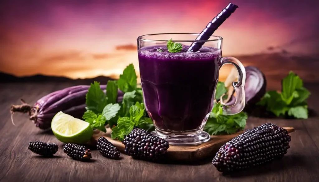 A delicious glass of Chicha Morada, a refreshing Peruvian beverage with a purple color derived from purple corn.