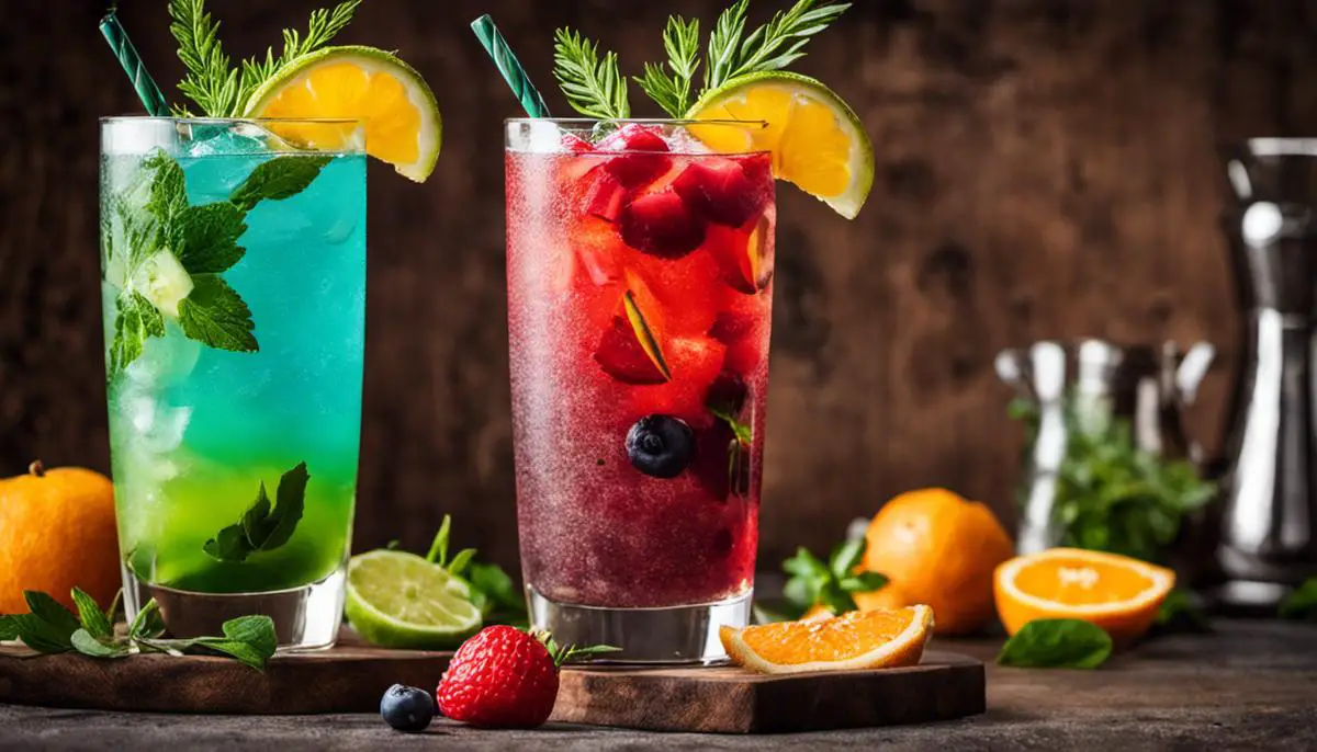 A vibrant drink in a tall glass with fresh fruits and herbs as garnish.