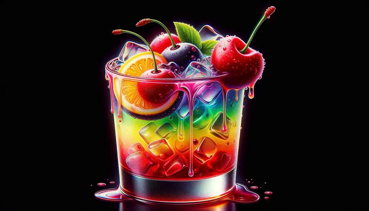 A colorful and fruity cocktail with a cherry garnish on the rim of the glass
