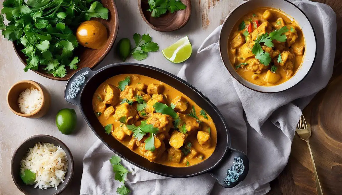 A dish of Aloo Gobi drenched in creamy coconut milk, creating a fusion of comforting earthiness and tropical indulgence.