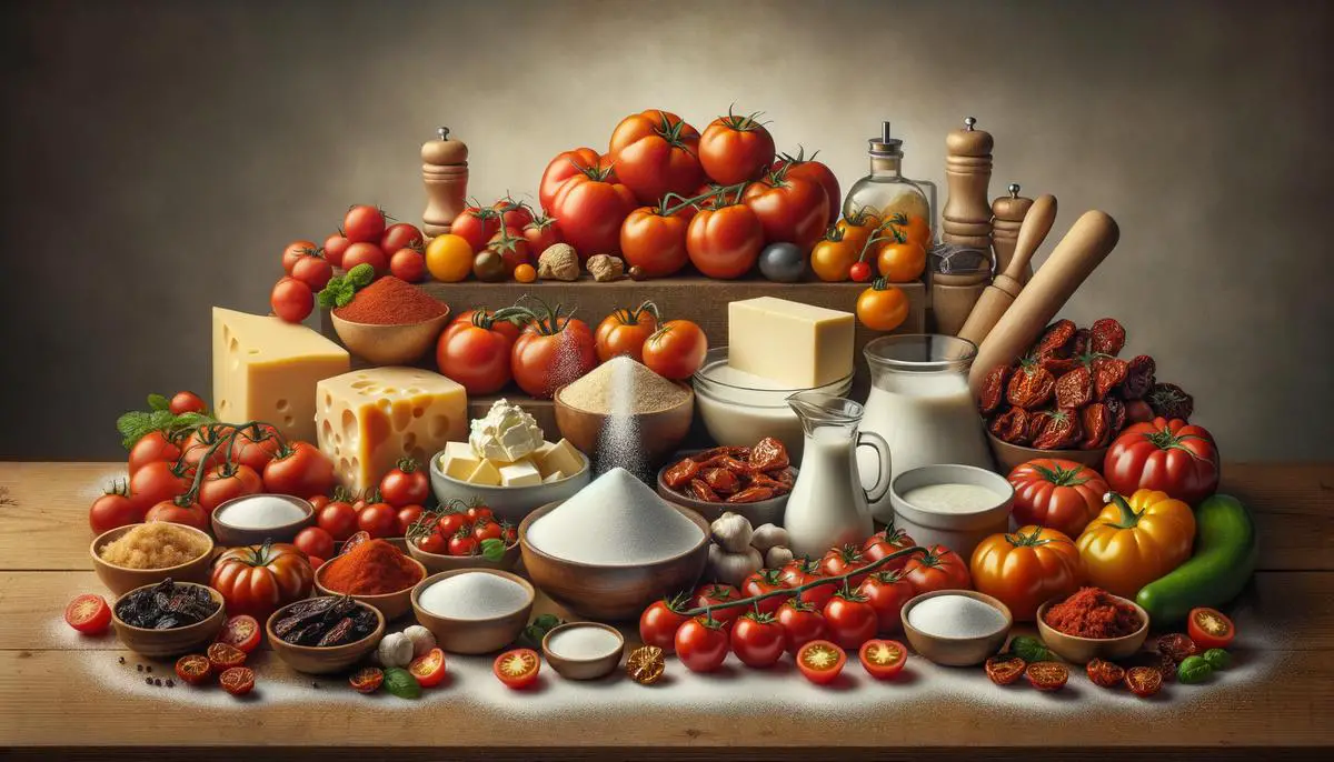 image of tomatoes, a pinch of sugar, dairy products, baking soda, and different types of tomatoes used in making tomato sauce