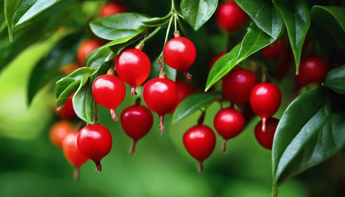 A close-up image of vibrant red Carissa fruits hanging from a lush green plant with many leaves, representing the diverse and visually appealing nature of Carissa plants.
