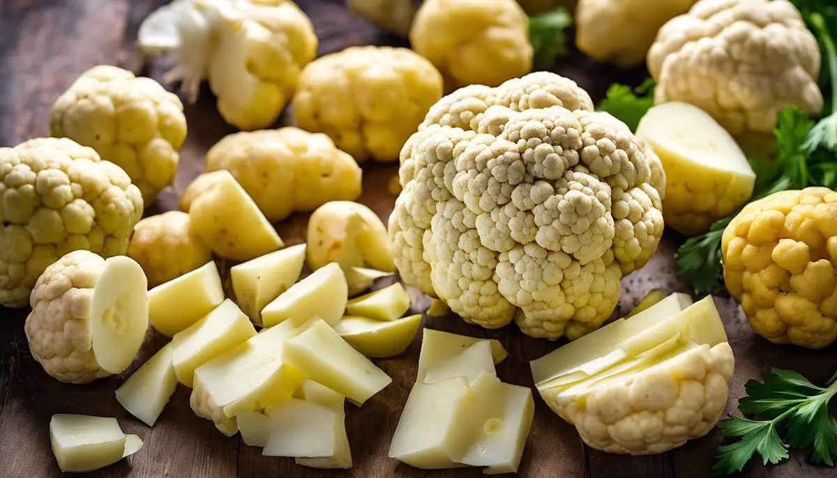 An image showing freshly cut cauliflower florets and diced potatoes, ready for Aloo Gobi preparation.