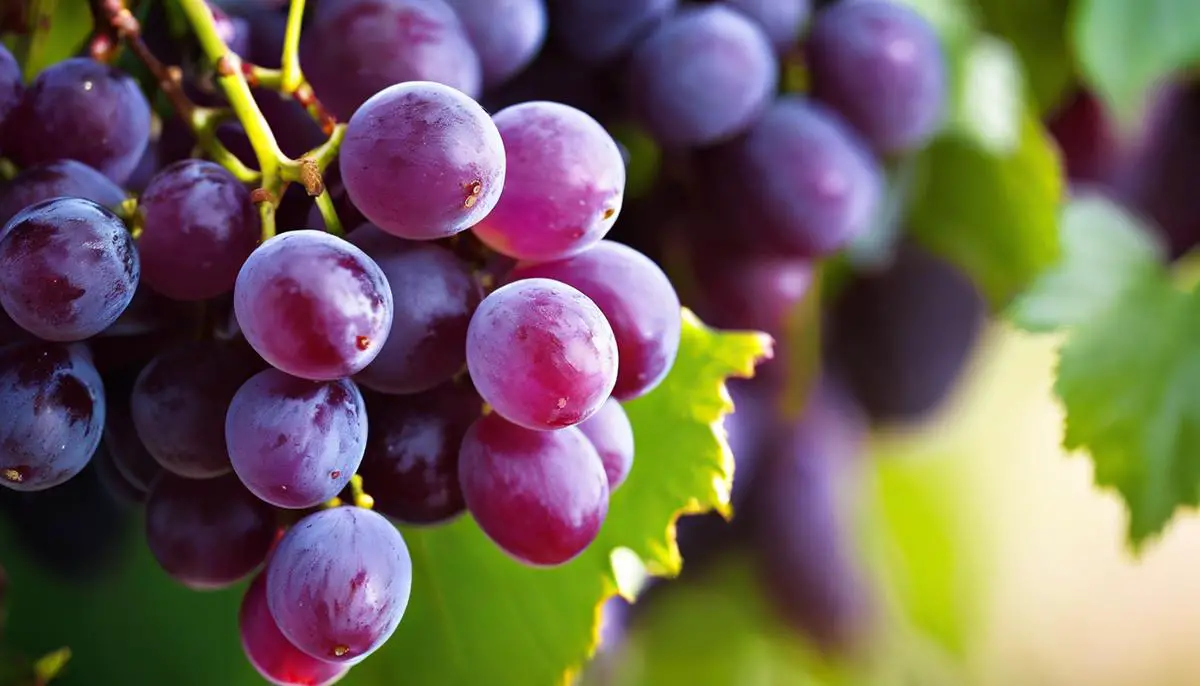 A close-up image of Champagne Grapes on a vine, showcasing their vibrant purple hue and small size.