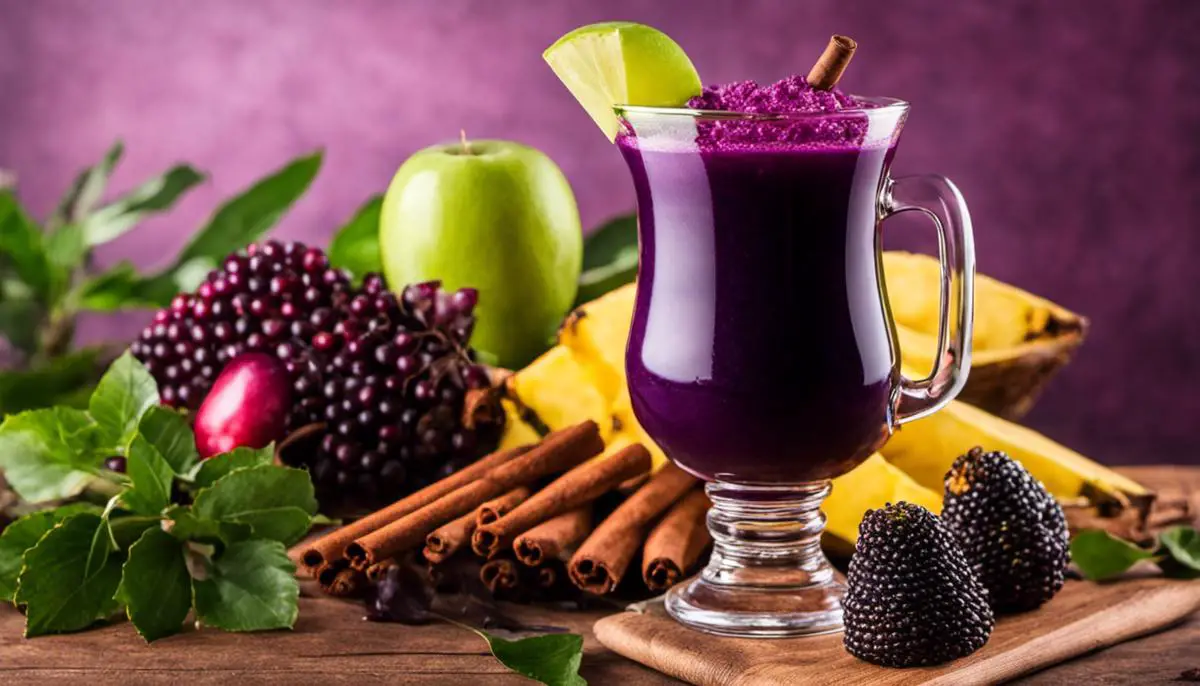 A glass of Chicha Morada, a purple drink made from cloves, cinnamon, pineapple, green apple, and purple corn, representing the flavors and cultural significance of the Peruvian beverage.
