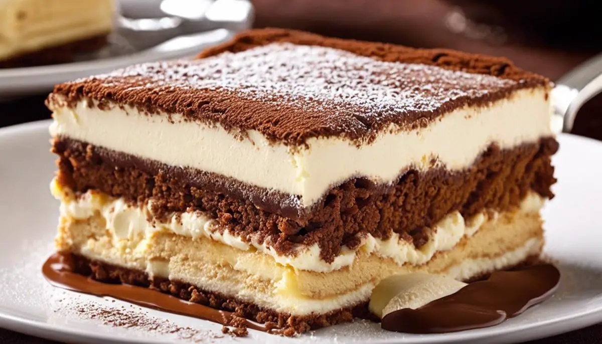 A mouth-watering image of a classic Tiramisu dessert with layers of ladyfingers soaked in coffee, creamy Mascarpone cheese, and a dusting of cocoa powder on top.