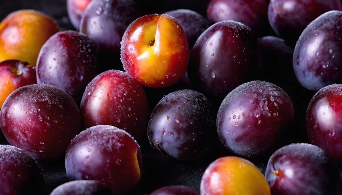 D-Agen-Sugar-Plums: a close-up image of ripe D'Agen Sugar Plums with a light dusting of sugar on top, showcasing their vibrant purple color and inviting juiciness.