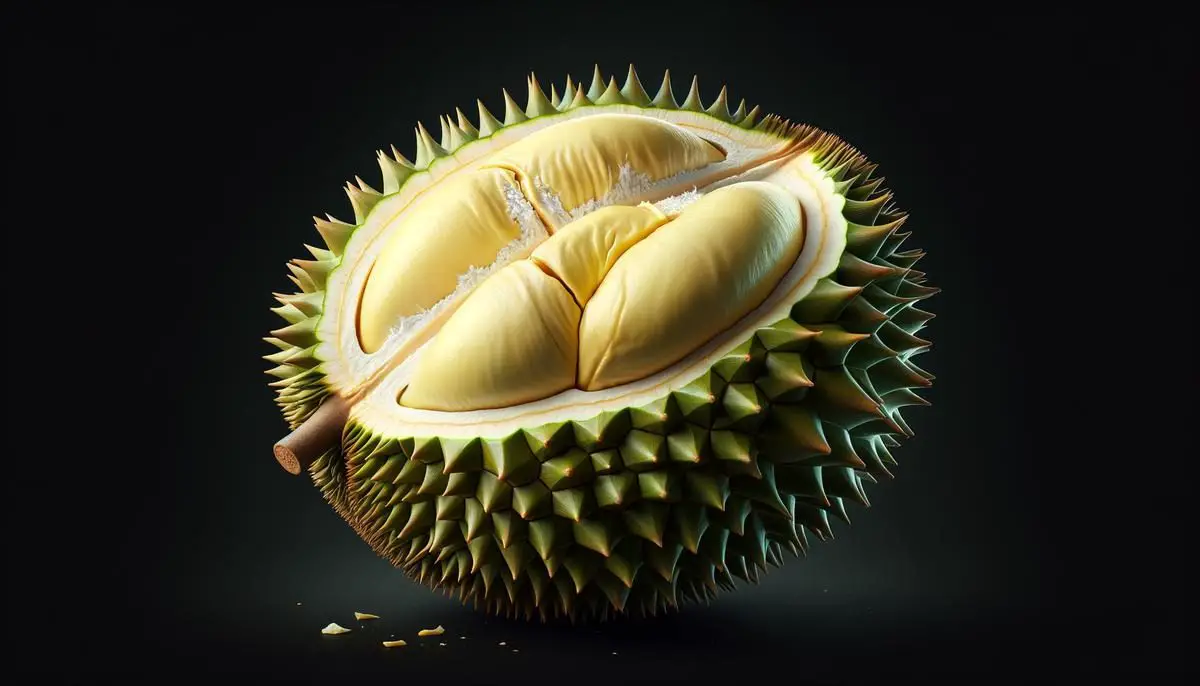 A realistic image of durian fruit, showcasing its spiky exterior and creamy yellow flesh