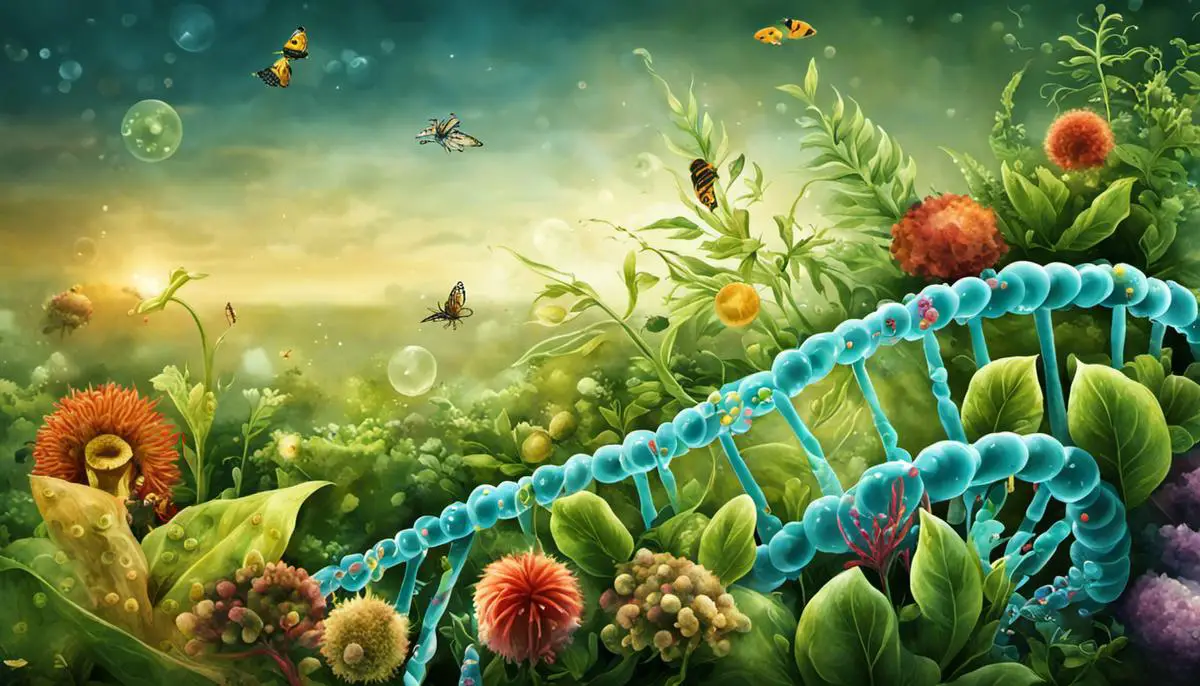Illustration depicting a DNA strand with plant, animal, bacteria, and virus genes symbolizing the essence of GMOs.
