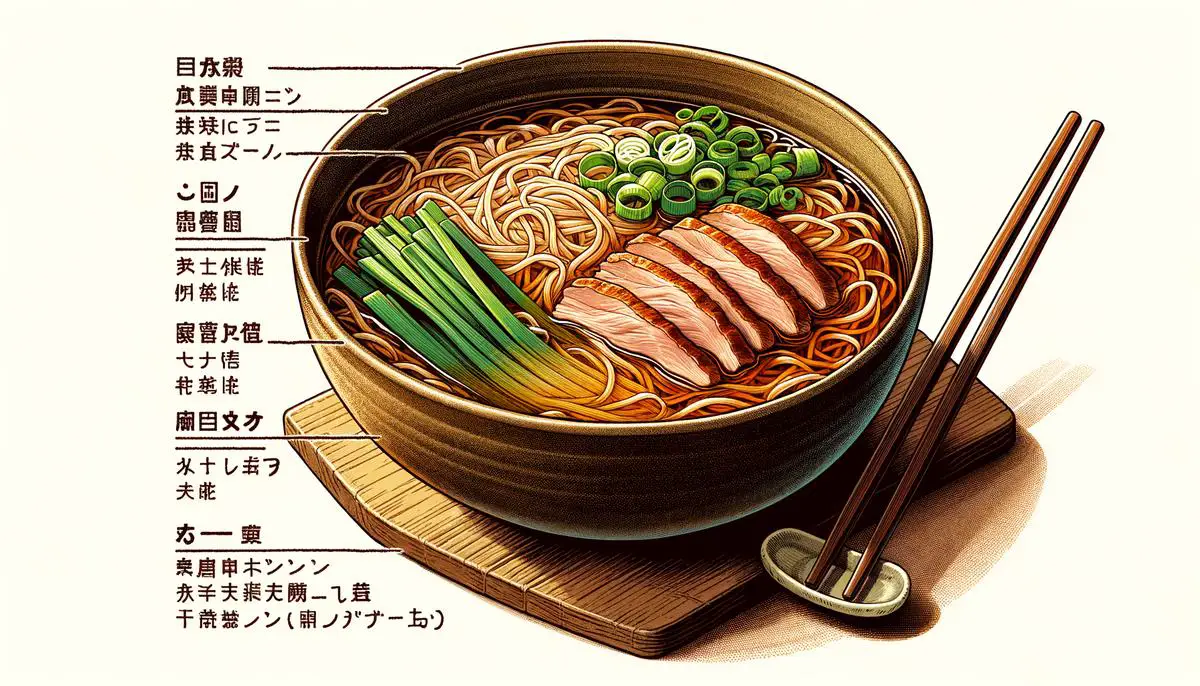 A bowl of Gion duck noodles served in Kyoto, Japan. Avoid using words, letters or labels in the image when possible.