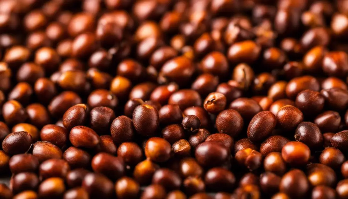 A close-up image of Grains of Paradise, small reddish-brown round seeds with a textured surface, known for their unique flavor.
