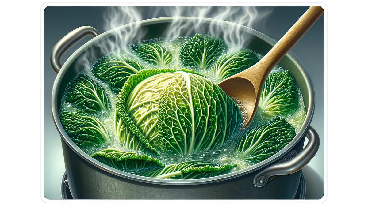 A photo of Hakusai cabbage being blanched in boiling water, showing the process of blanching for visually impaired individuals