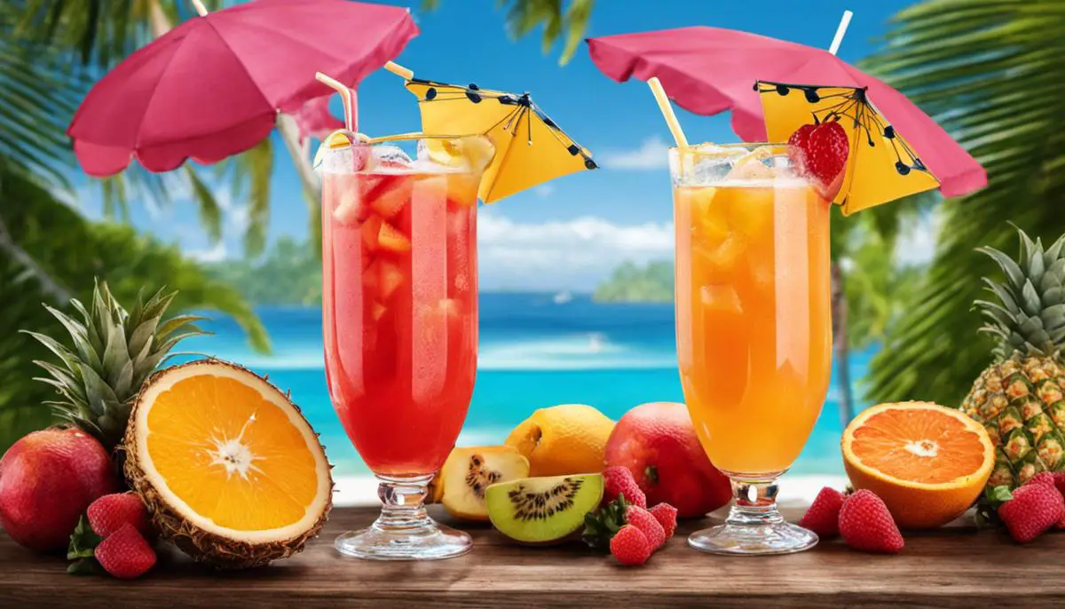 A colorful image of a glass filled with Hawaiian Punch and adorned with tropical fruits and umbrellas, representing the vibrant and tropical nature of the drink.
