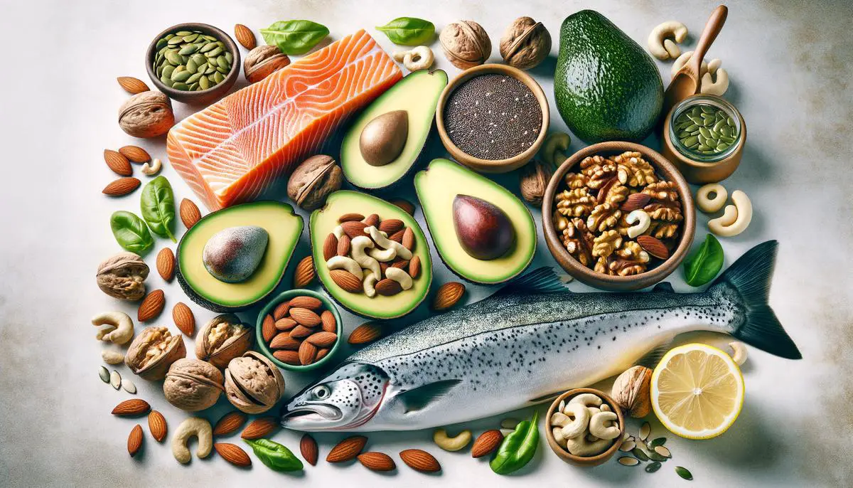 A variety of heart-healthy fats sources such as avocados, nuts, seeds, and fatty fish