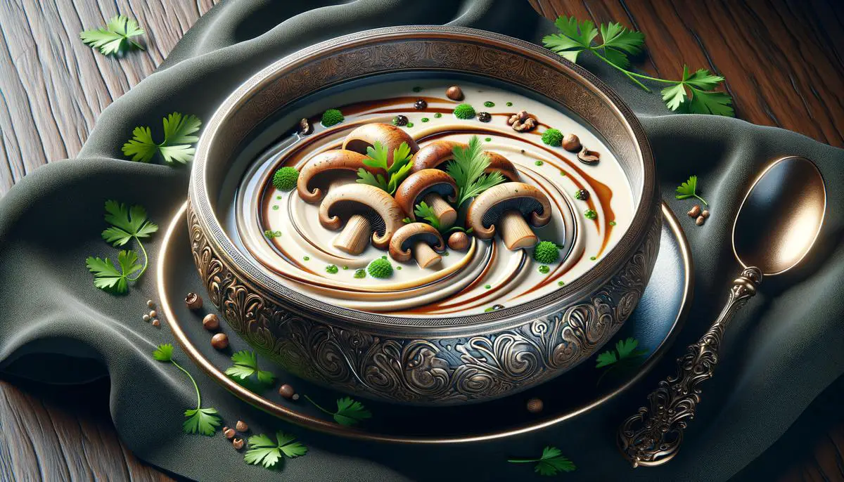 A realistic image of a bowl of Hungarian mushroom soup, showcasing the rich, creamy texture with visible mushroom slices and herbs on top.