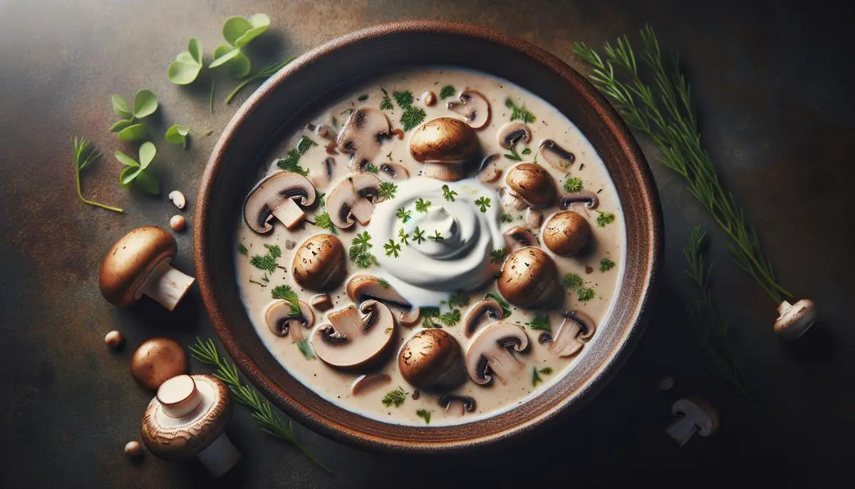 A bowl of Hungarian mushroom soup garnished with fresh herbs and a dollop of sour cream