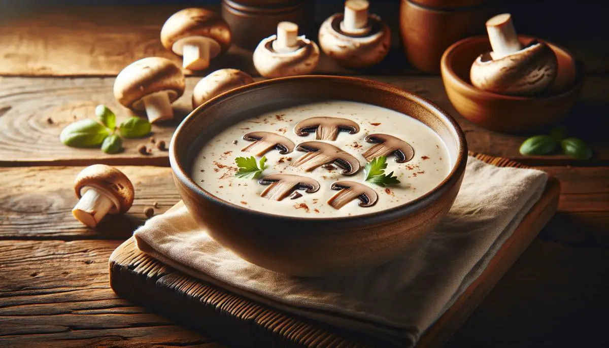 A realistic image of a bowl of Hungarian mushroom soup with visible mushroom slices and a creamy broth