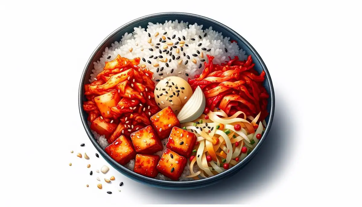 A delicious bowl of Kimchi Fried Rice with a variety of colorful ingredients, including kimchi, rice, garlic, sesame seeds, and protein like bacon or shrimp