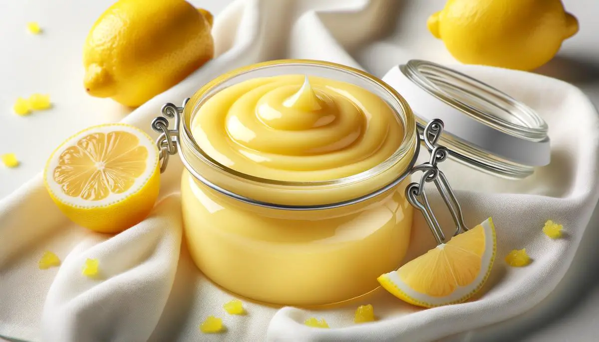 A jar of creamy lemon curd, perfect for topping desserts