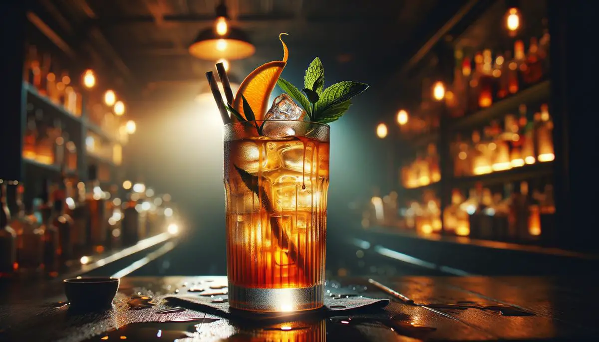 A visually pleasing Long Iced Tea cocktail served in a classic highball glass with creative garnishes and layered liquors.