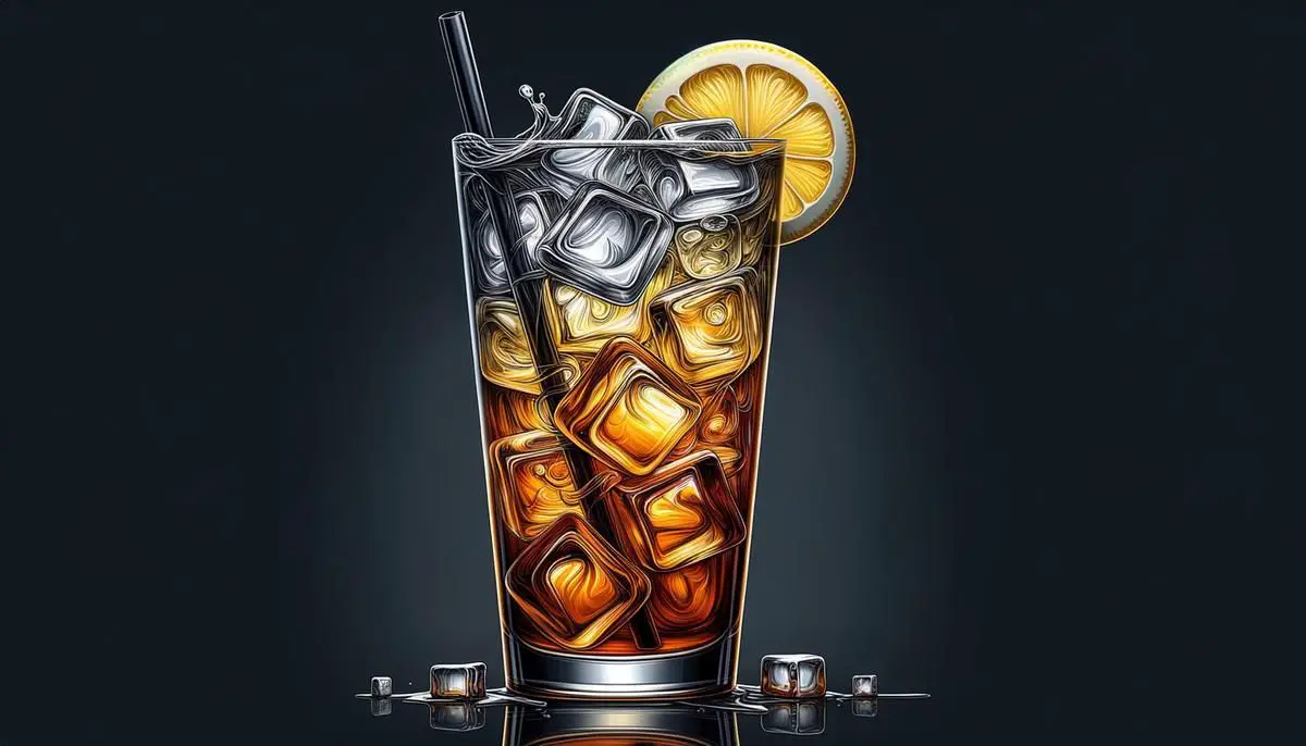 A visually impaired description of a Long Island Iced Tea cocktail with various liquors, lemon, ice, and a straw in a tall glass, showcasing the colorful layers of the drink.