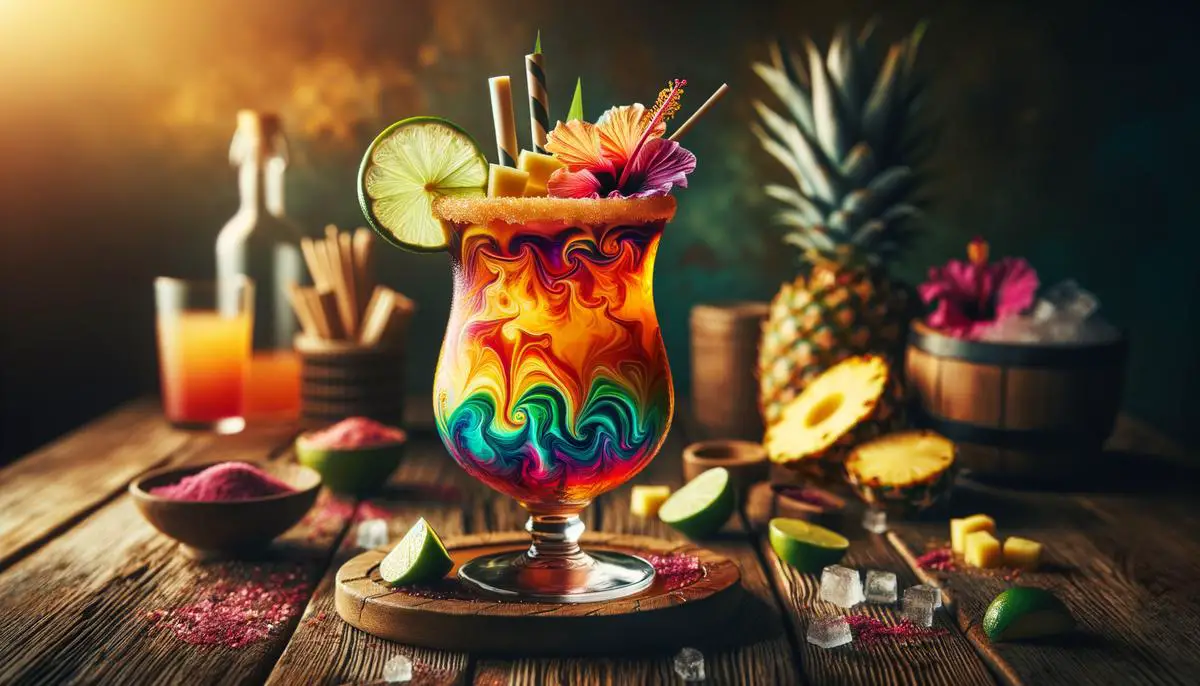 A beautifully garnished Mai Tai cocktail in a glass, showcasing vibrant colors and textures