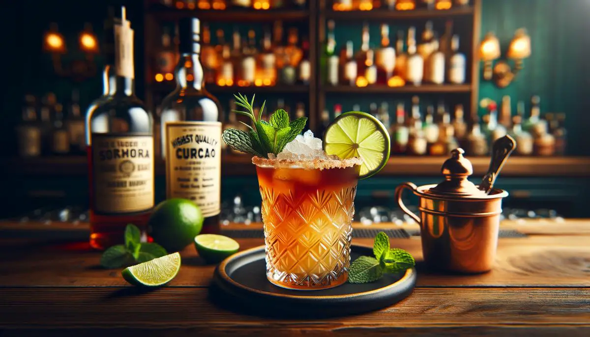 A delicious Mai Tai cocktail with premium ingredients, such as aged rum, top-shelf curaçao, fresh lime juice, high-quality orgeat syrup, mint sprig, and lime wheel garnish