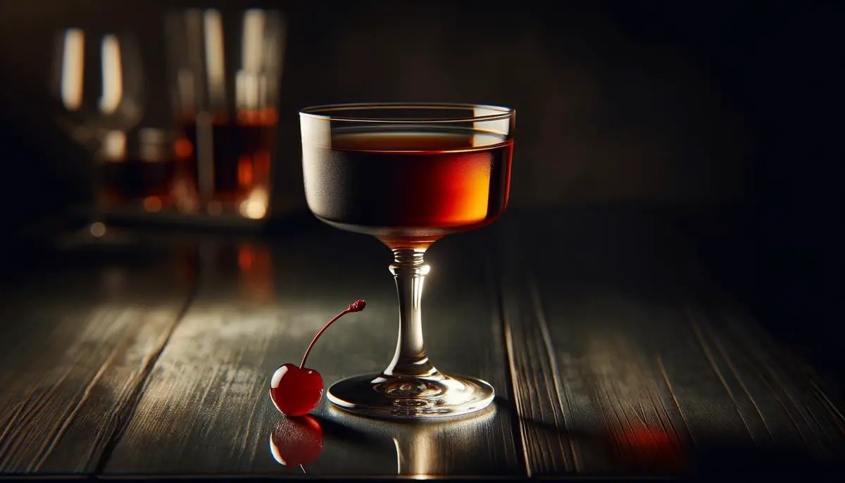 A classic Manhattan Cocktail in a glass garnished with a cherry