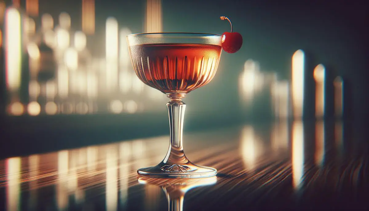 A classic Manhattan cocktail in a chilled glass with a cherry garnish