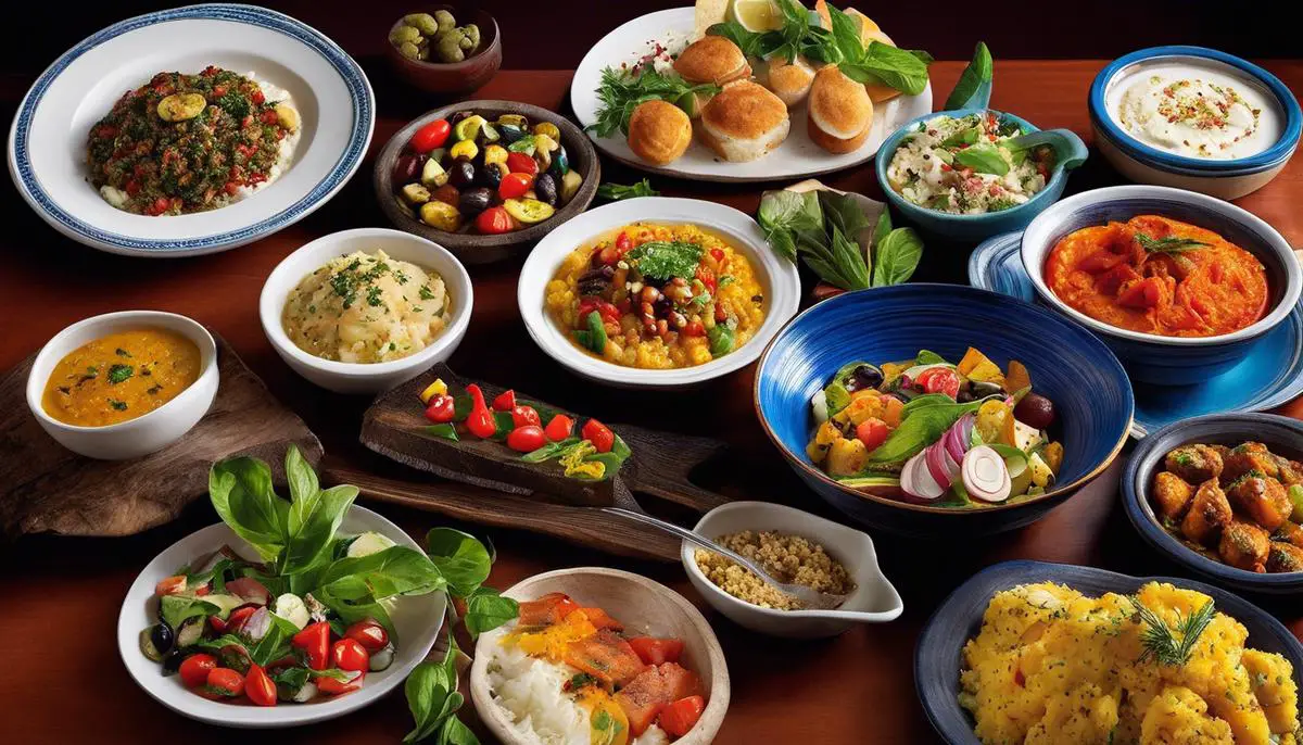 A vivid plate of Mediterranean dishes with vibrant colors and various ingredients, representing the diverse flavors and wholesome nature of Mediterranean cuisine.