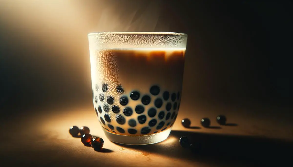 A delicious cup of milk pearl tea with tapioca pearls at the bottom in a clear cup