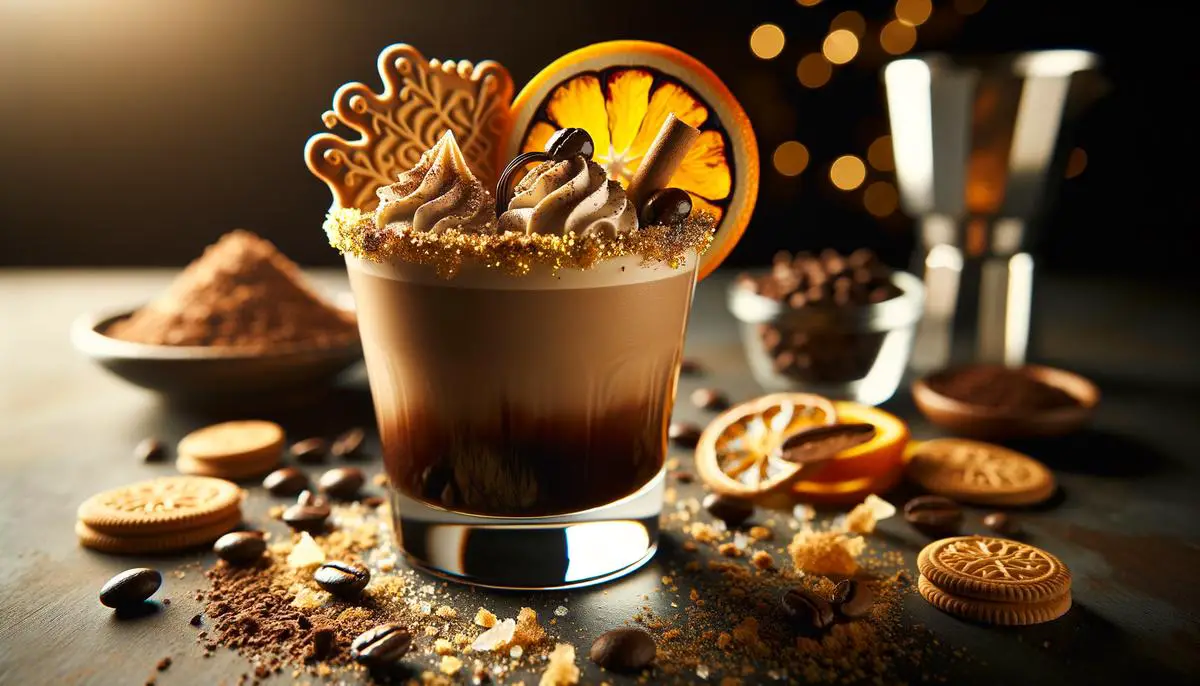 A fancy decorated Mudslide cocktail with cookie crumbles, nutmeg, edible gold leaf, orange twist, and espresso beans garnishes.