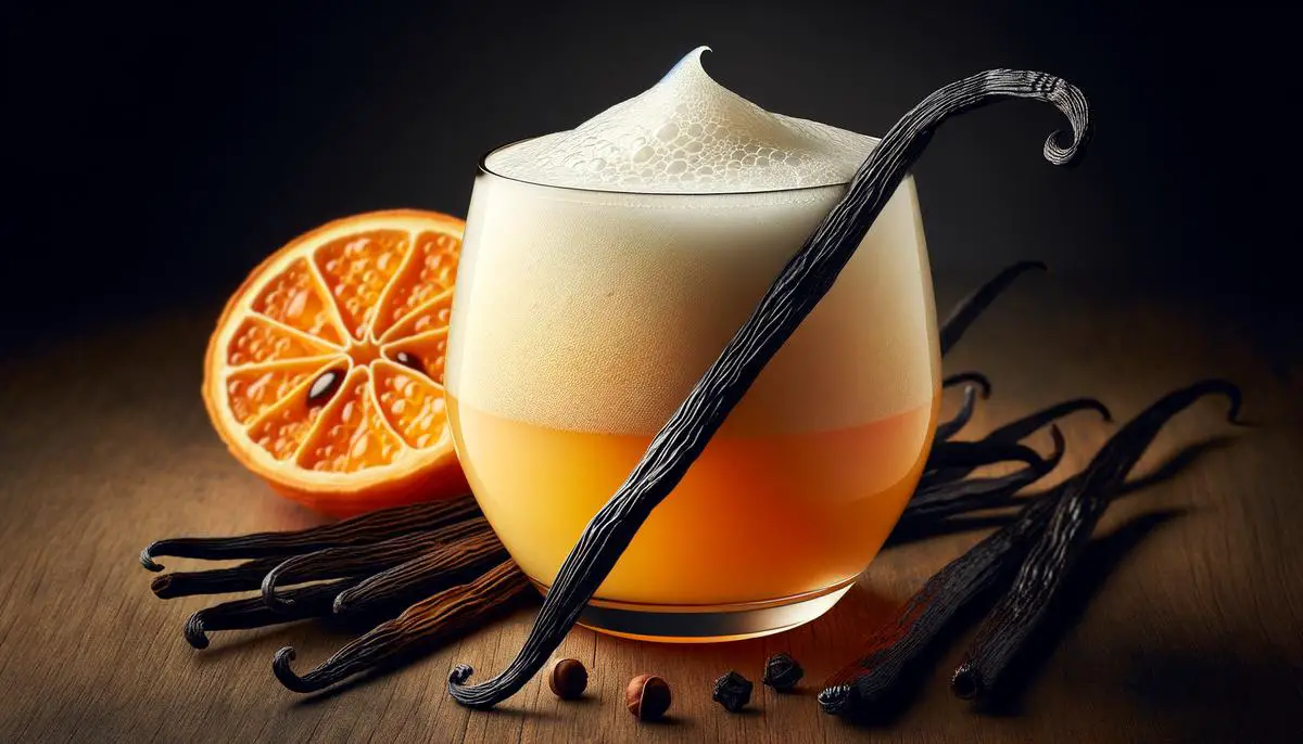 A close-up image of a vanilla bean pod and a glass of Orange Julius with a frothy top, showcasing the key ingredients of the drink