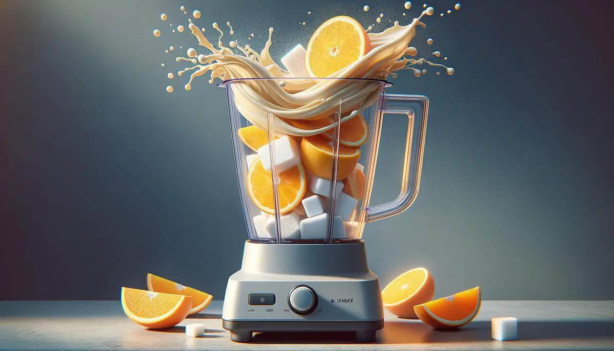 Blender mixing milk and orange Julius ingredients