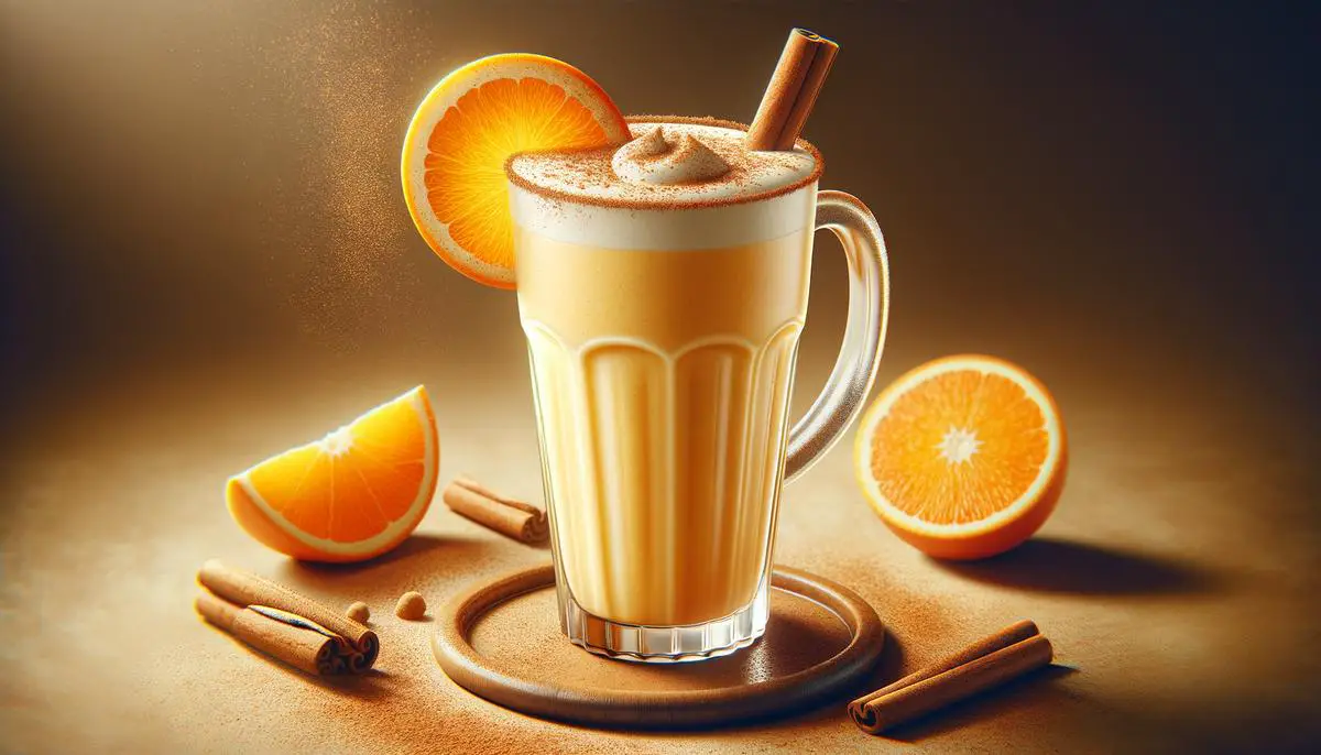 A frothy and creamy Orange Julius smoothie in a glass with a straw, topped with a slice of orange and a sprinkle of cinnamon