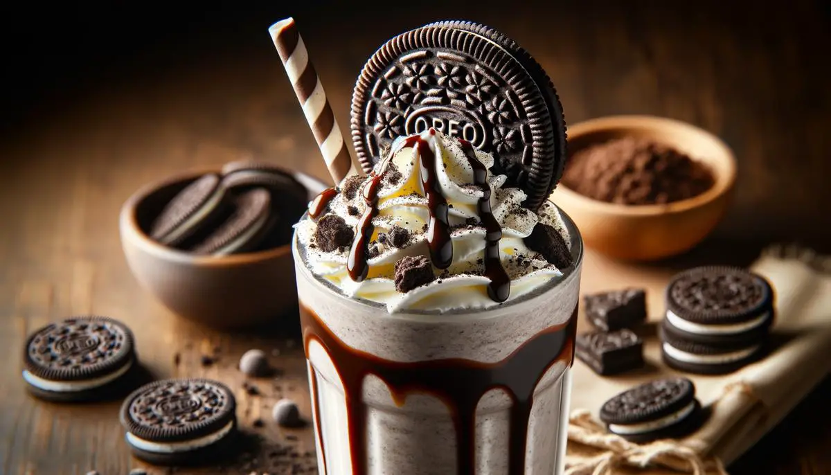 An impeccably garnished Oreo Milkshake with chocolate drizzle, whipped cream, crushed Oreo cookies, and a whole Oreo cookie on top