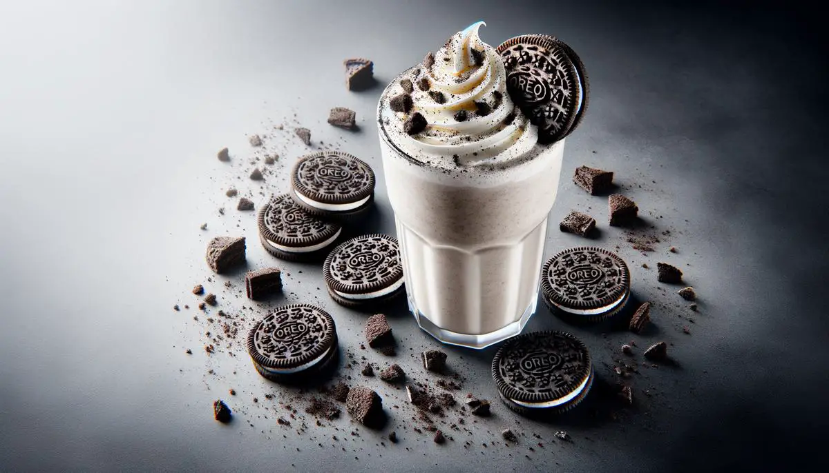 A delicious Oreo milkshake topped with whipped cream and crushed Oreos