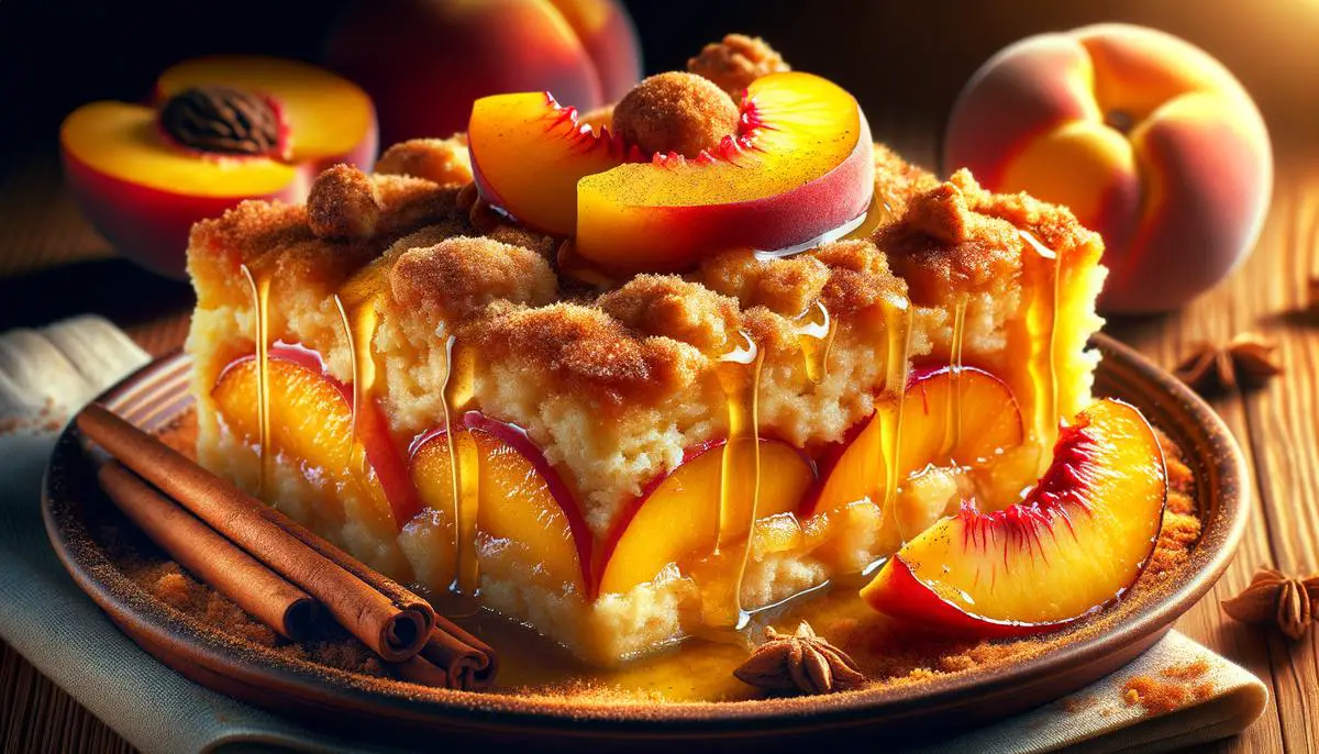 A delicious Peach Dump Cake with layers of peaches, cinnamon, nutmeg, cake mix, and butter, showcasing a moist interior and a buttery, crisp top layer