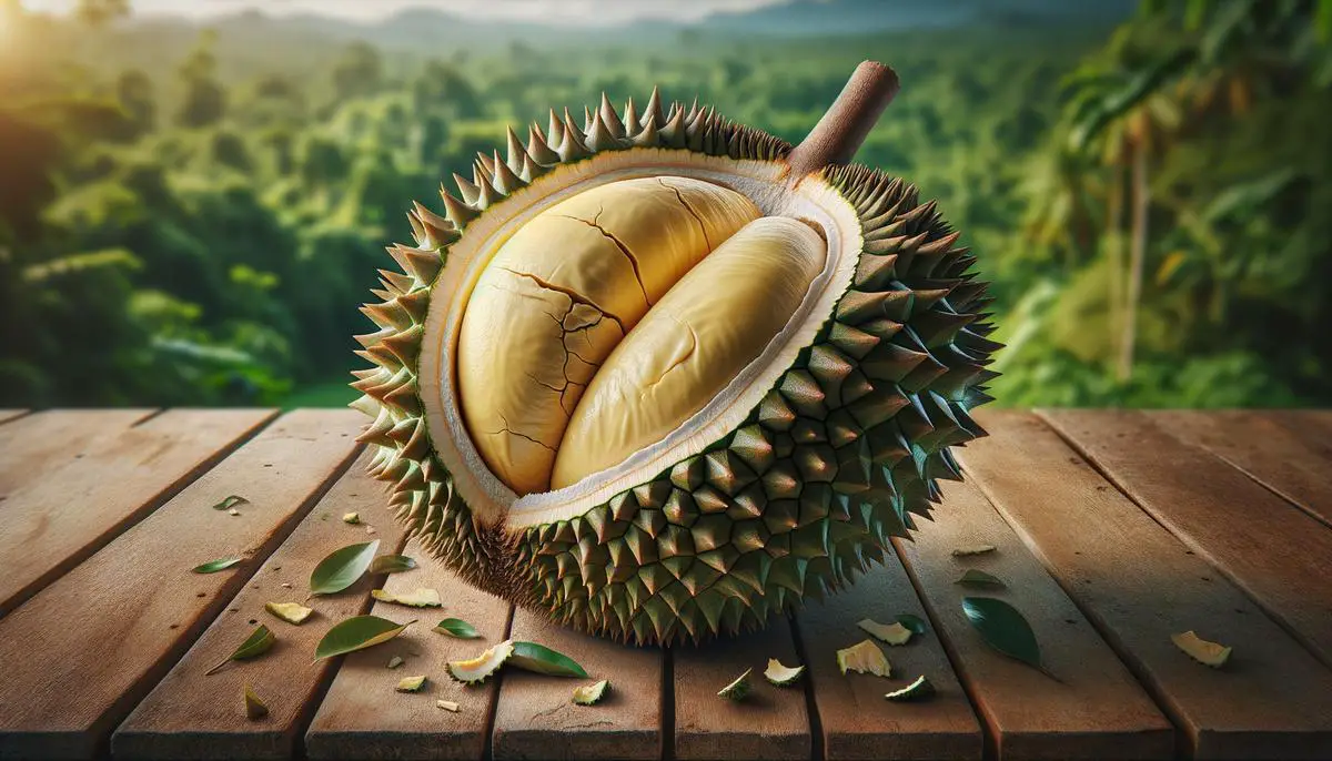 A ripe durian fruit with a spiky husk and cracks revealing its creamy core, set against a backdrop of lush greenery