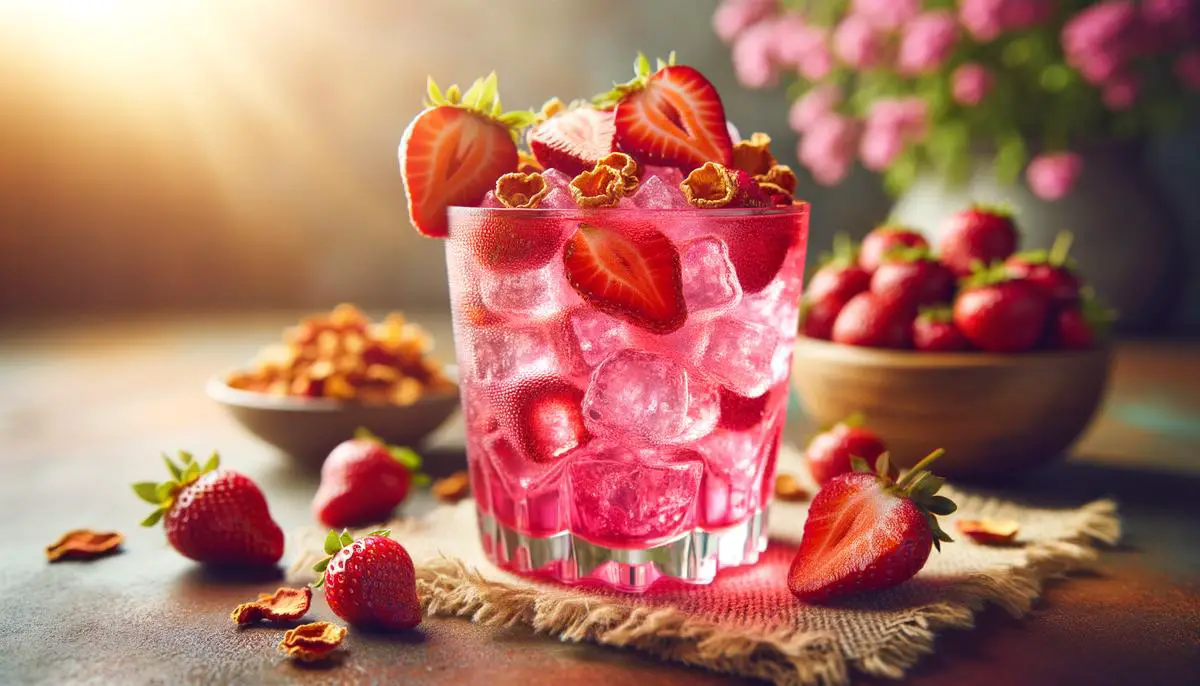A refreshing pink drink in a clear glass, garnished with fresh strawberries and freeze-dried strawberries, a perfect treat for a sunny day