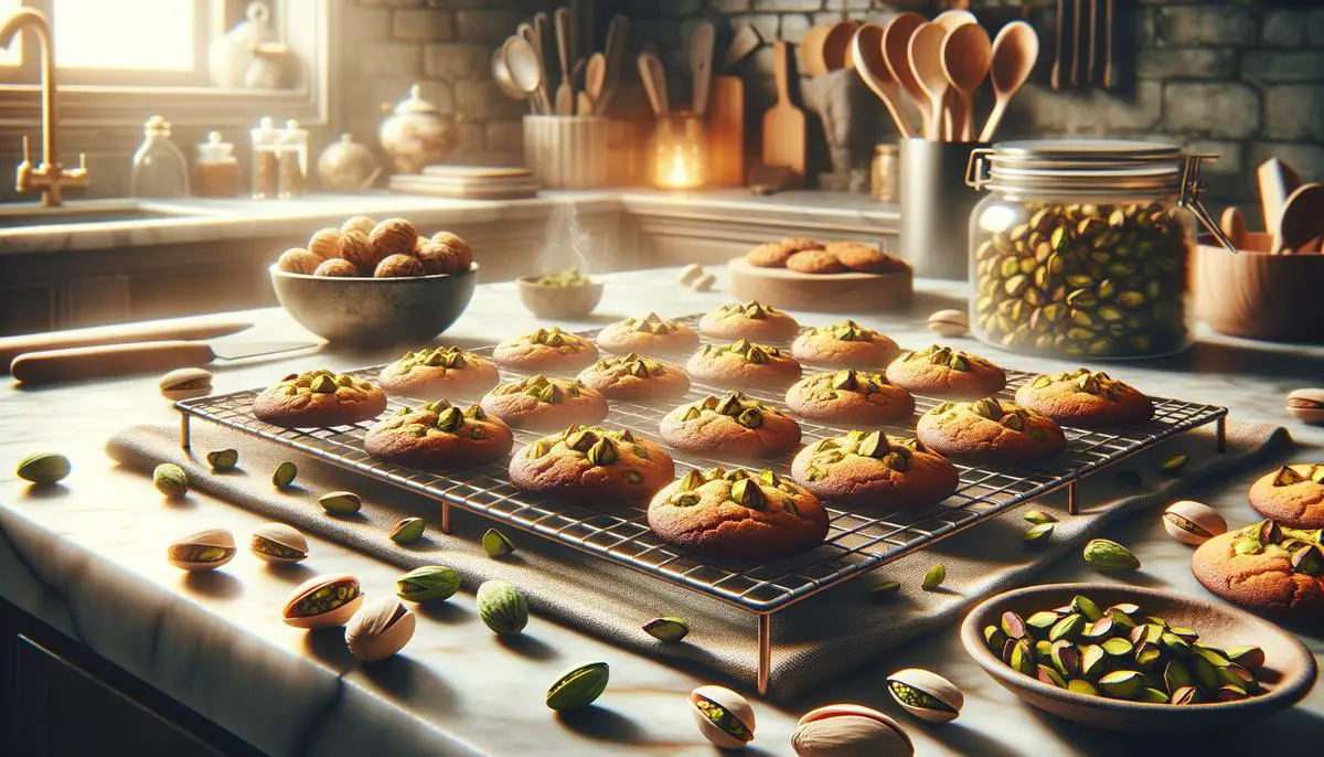A close-up image of freshly baked pistachio nut cookies on a cooling rack