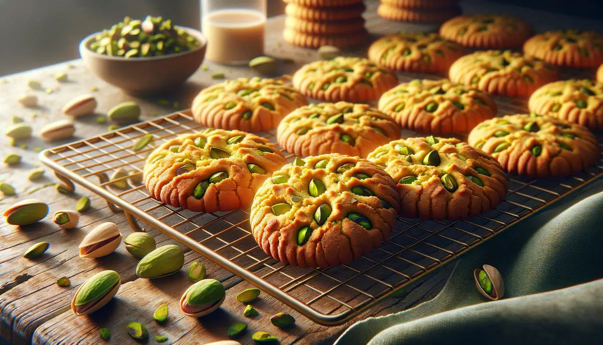 A batch of freshly baked pistachio nut cookies on a cooling rack