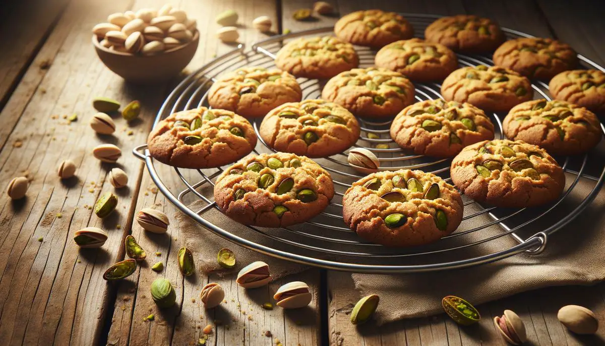 A batch of freshly baked pistachio nut cookies on a cooling rack