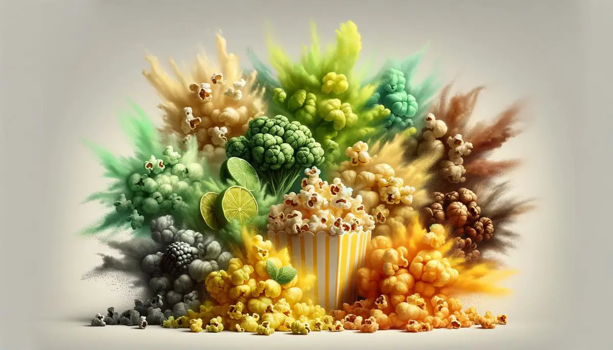 Variety of creatively seasoned popcorn in different colors and flavors