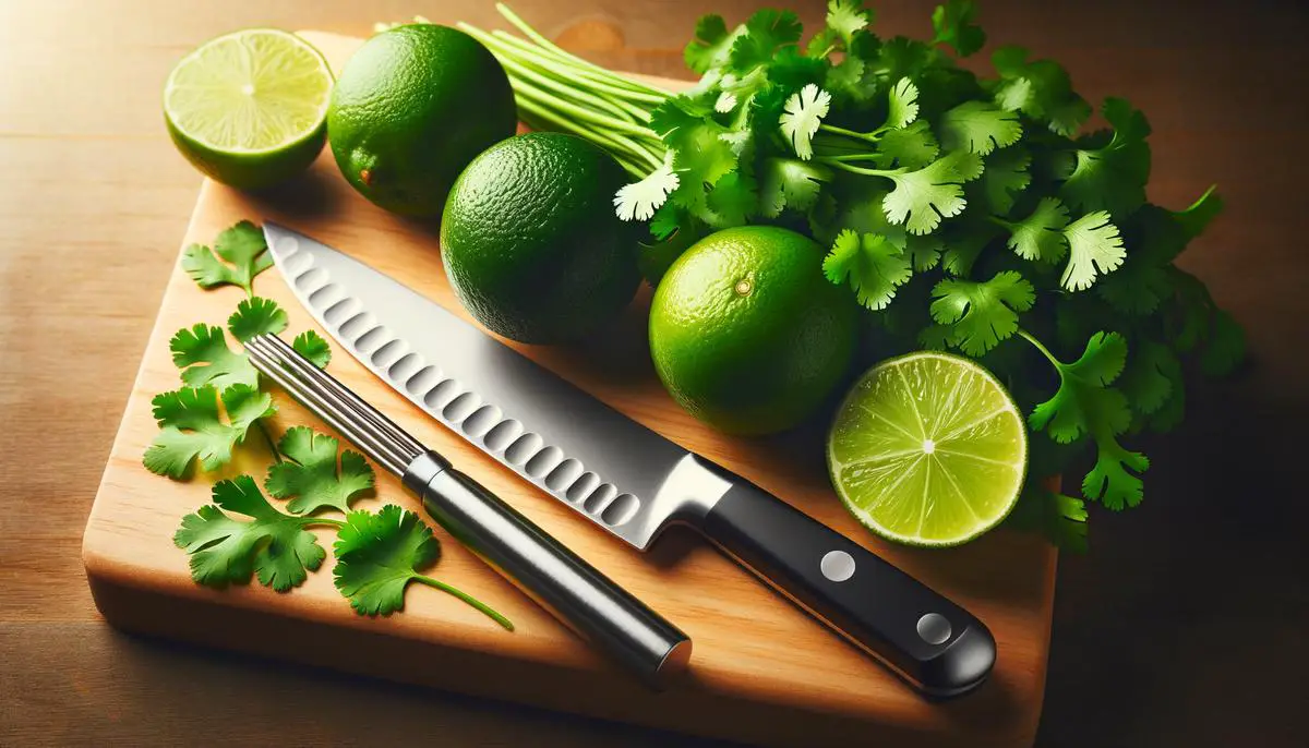 Image showing a lime and a cilantro bunch with a knife and zester for prepping