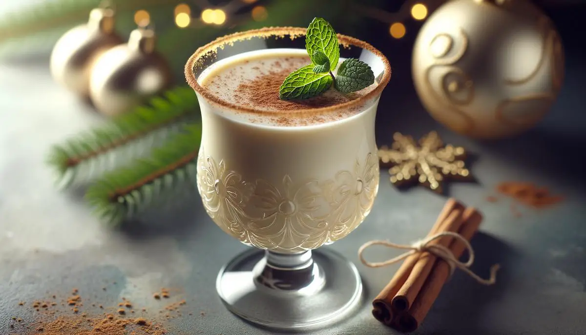 A luxurious, creamy Puerto Rican eggnog drink with delicate garnishes, served in a small crystal-clear glass.