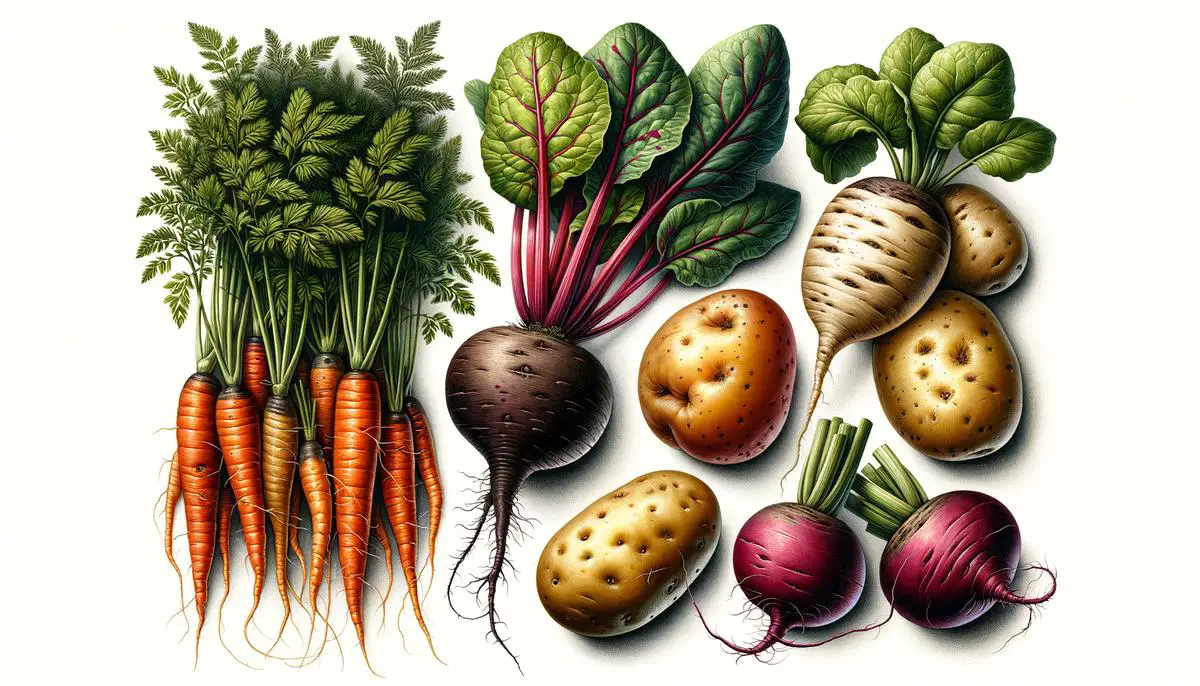 Image of various root vegetables such as carrots, potatoes, beets, and turnips, showcasing the diversity and wholesome nature of these ingredients