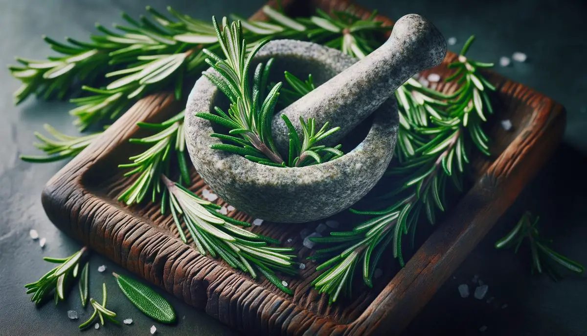 A close-up image of fresh rosemary herb leaves and a mortar and pestle, symbolizing the health benefits and culinary uses of rosemary.