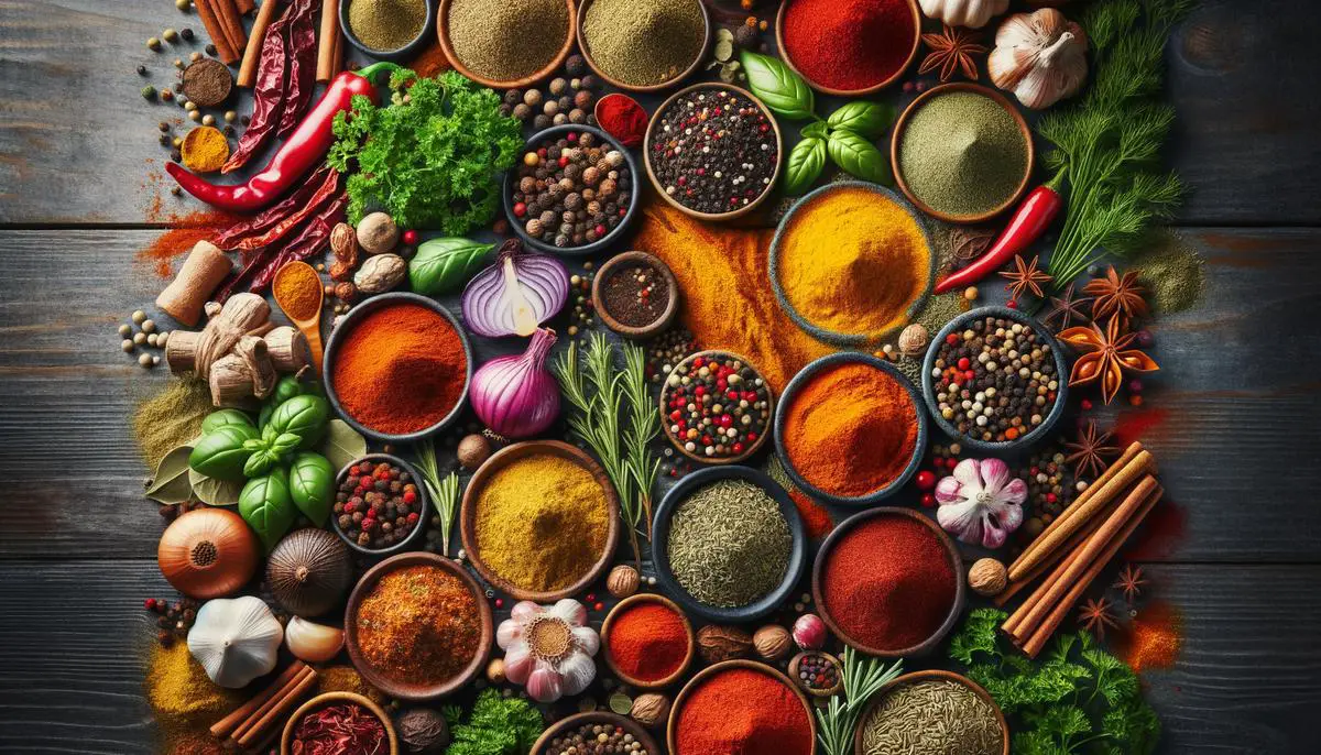 Various spices and herbs displayed on a table, showcasing the vibrant colors and textures that add flavor to meals