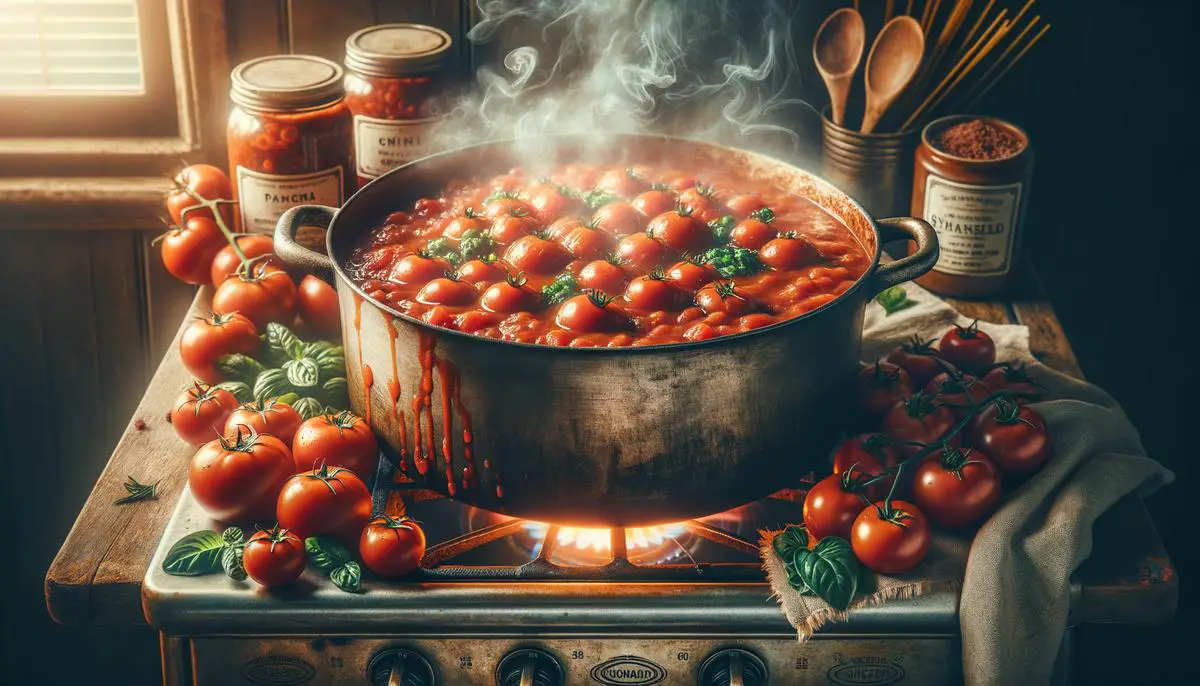 A delicious pot of homemade spaghetti sauce simmering on the stove, with fresh tomatoes, herbs, and a hint of sweetness